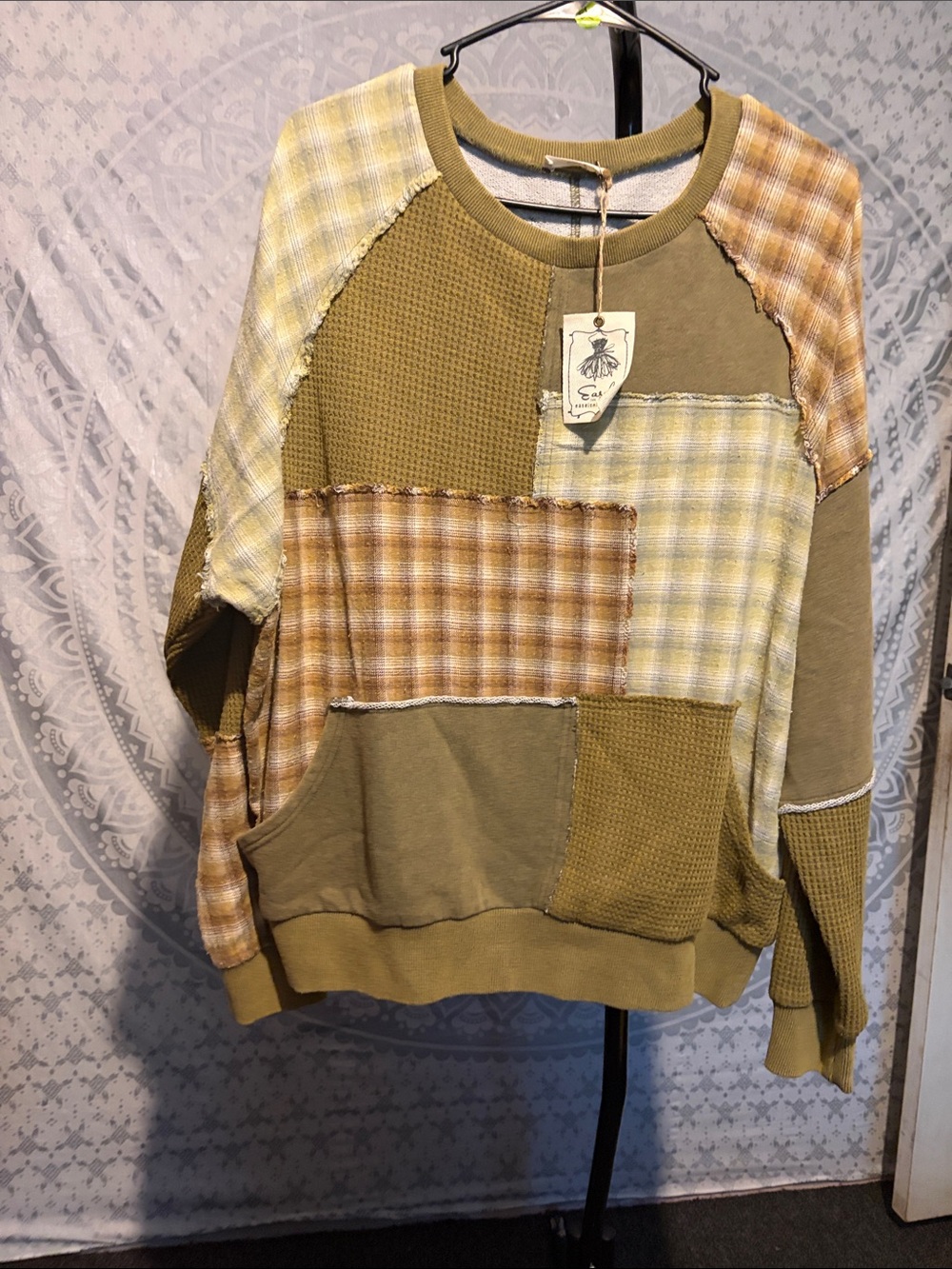 NWT Easel Patchwork Plaid Waffle Knit Oversized Pullover L (24" PTP)